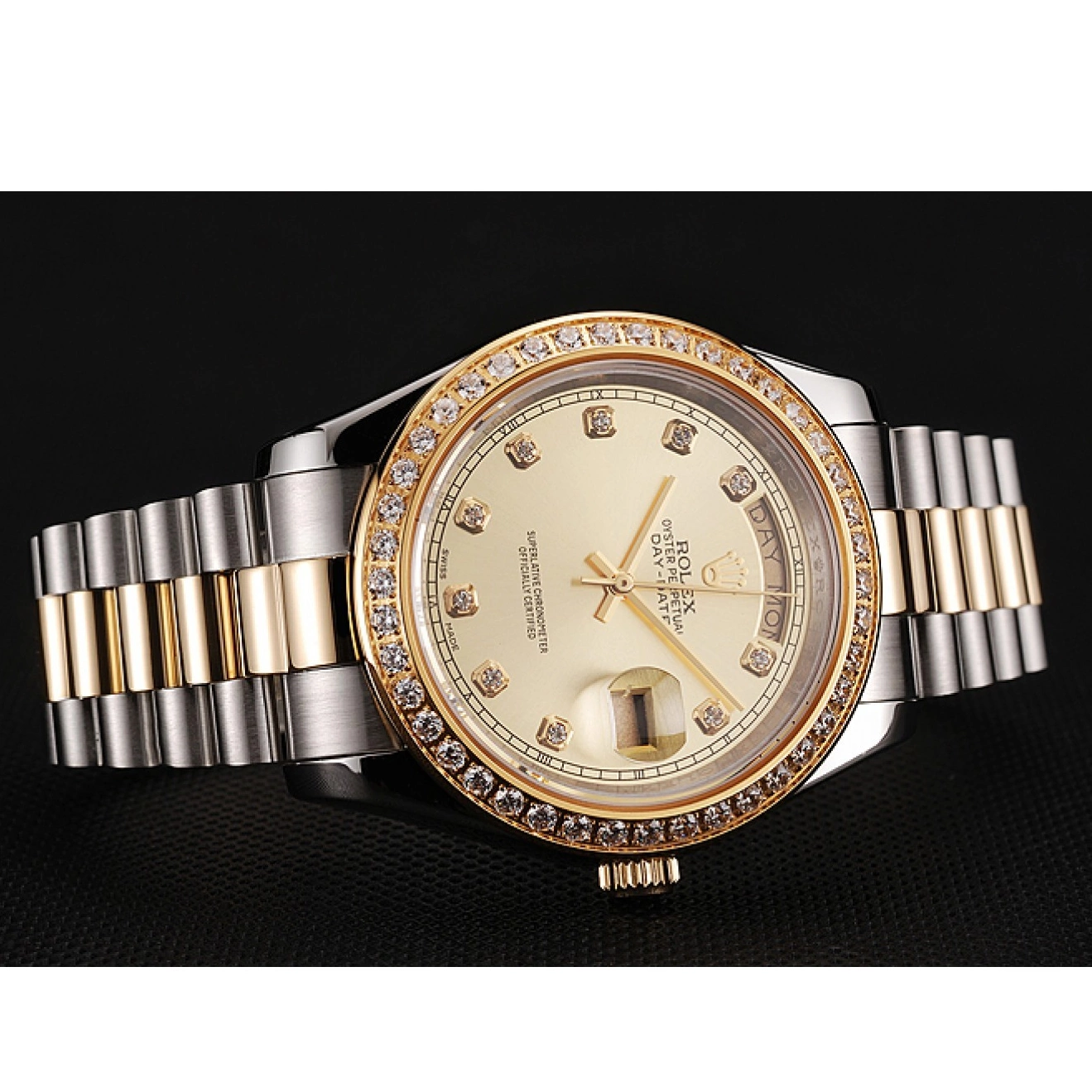 MiroTime 0719 Swiss Rolex Day-Date Champagne Dial Gold Diamond Case Two Tone Stainless Steel Bracelet 1453974